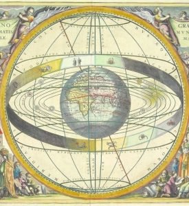 Antique map depicting Earth and zodiac calendar